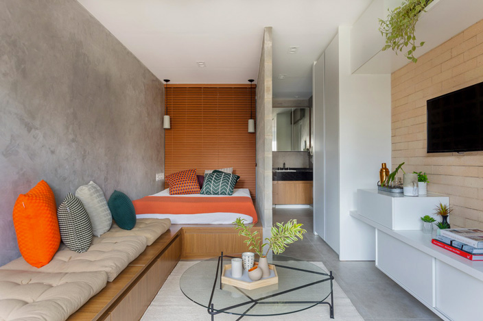 desain kamar tidur apartemen di sao paulo nuansa orange