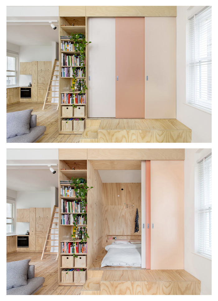 desain kamar tidur Flinders Lane Apartment dengan sliding door