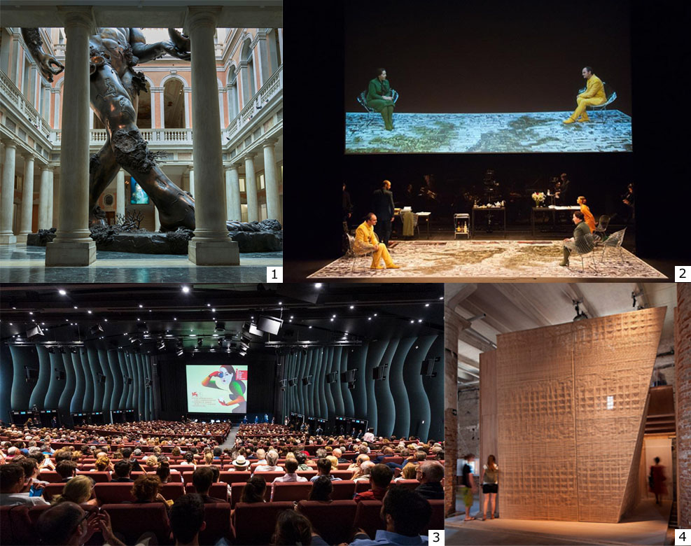 (1) Treasures from the Wreck of the Unbelievable oleh Damien Hirst dalam Venice Art Biennale 2017 / Prudence Cuming Associates, (2) Biennale Musica 2018 / La Biennale, (3) Venice International Film Festival / La Biennale, dan (4) Elevation oleh Andra Matin dalam Venice Architecture Biennale 2018 / Dezeen
