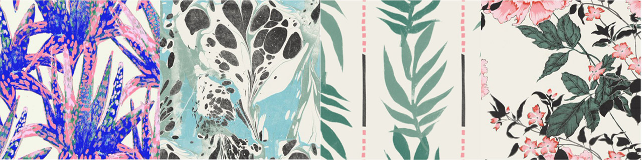 Motif signature dari Drew Barrymore Flower Home (kiri-kanan): Psychedelic Succulent, Marble Surrealism, Vintage Palm, dan Vintage Floral / Wallmart