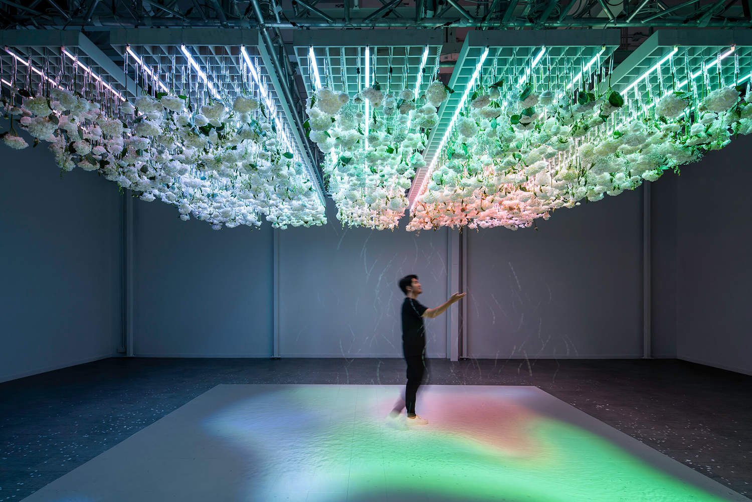 Cahaya lingkaran muncul di lantai mengikuti gerakan pengunjung