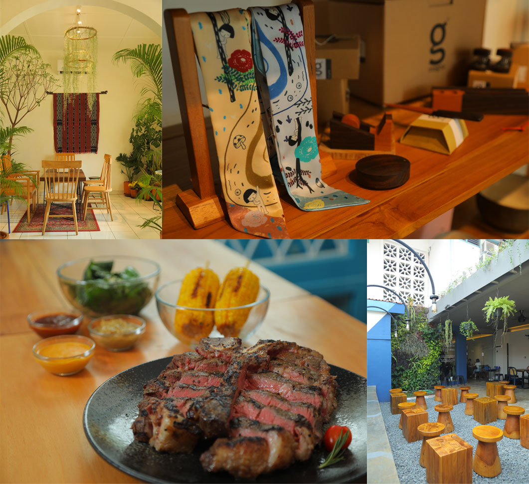 (Arah jarum jam) Produk di Matalokal, Area outdoor dari Mr. Roastman, The King of Steak dengan USDA Choice Beef Porterhouse 1000gr di Tokyo Skipjack, dan Lantai 2 dari Kedai Katong
