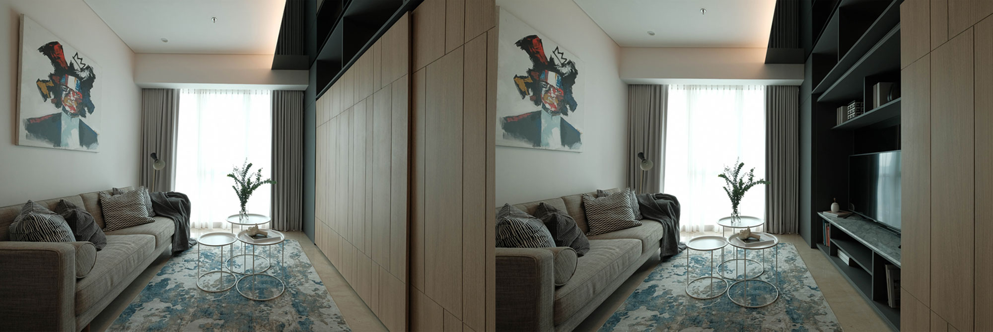 Kamuflase di salah satu sisi dinding yang ternyata menyimpan lemari serta kabinet TV