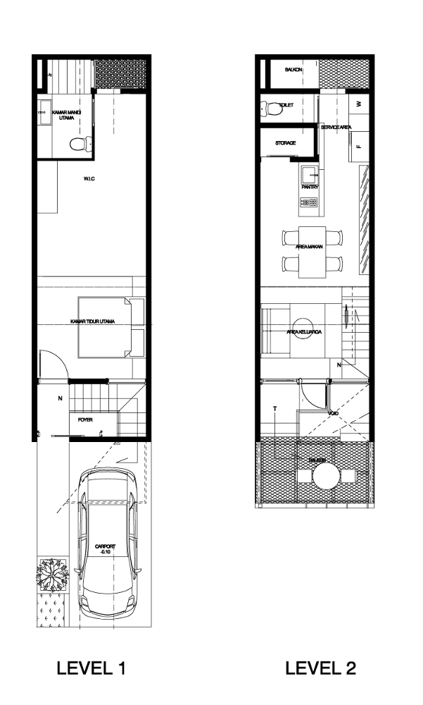 Denah rumah minimalis split-level dengan kitchen